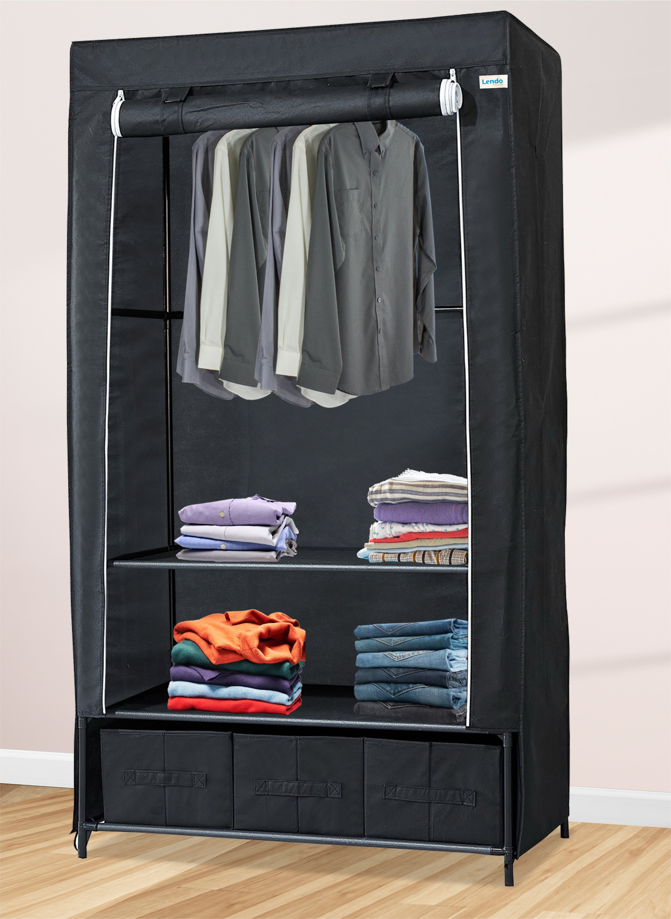 Lendo Online Kledingkast opvouwbaar 90x47x163cm gepoedercoat staal zwart