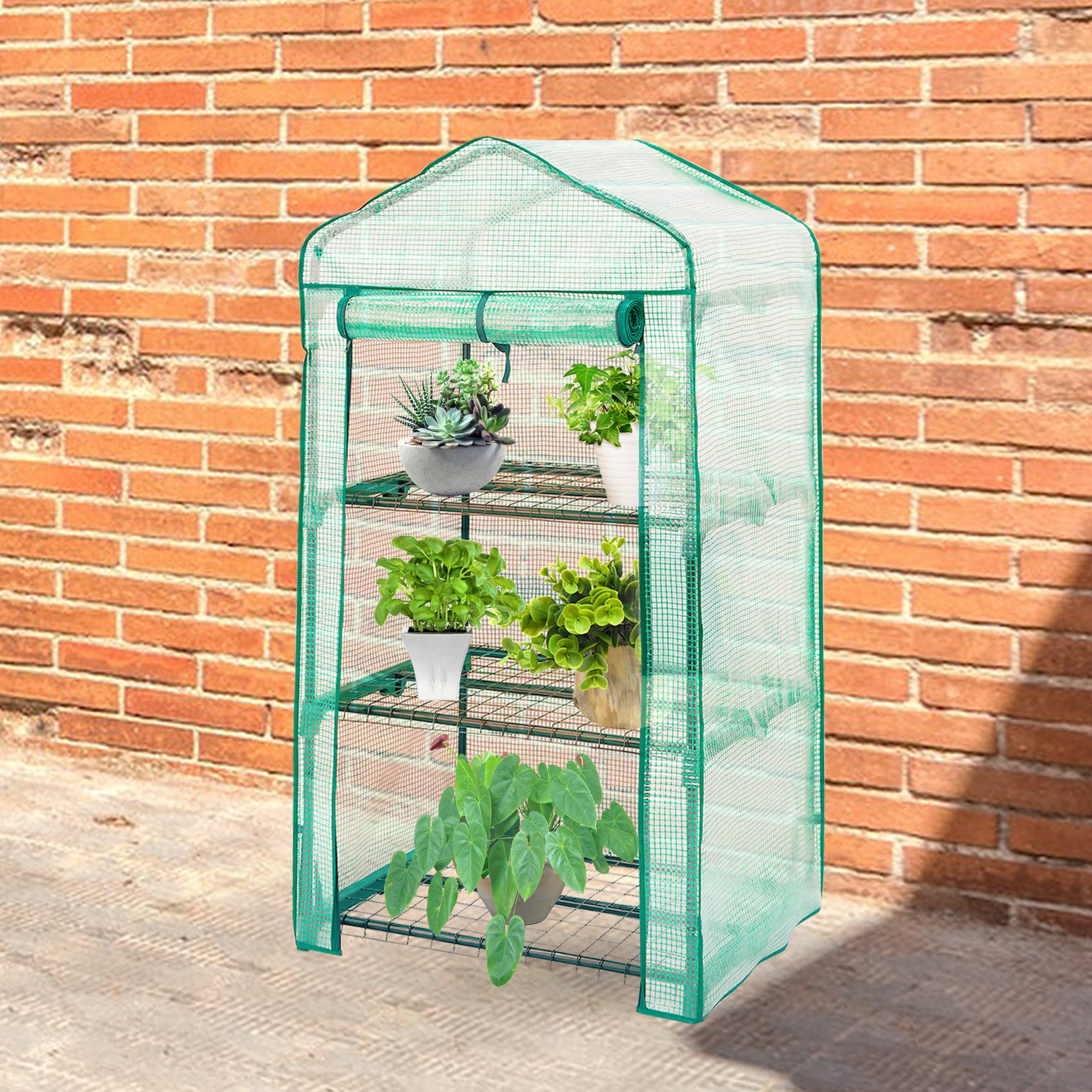 Lendo Online Tuinkas 3 etages PE folie en wielen 69x49x130cm staal groen