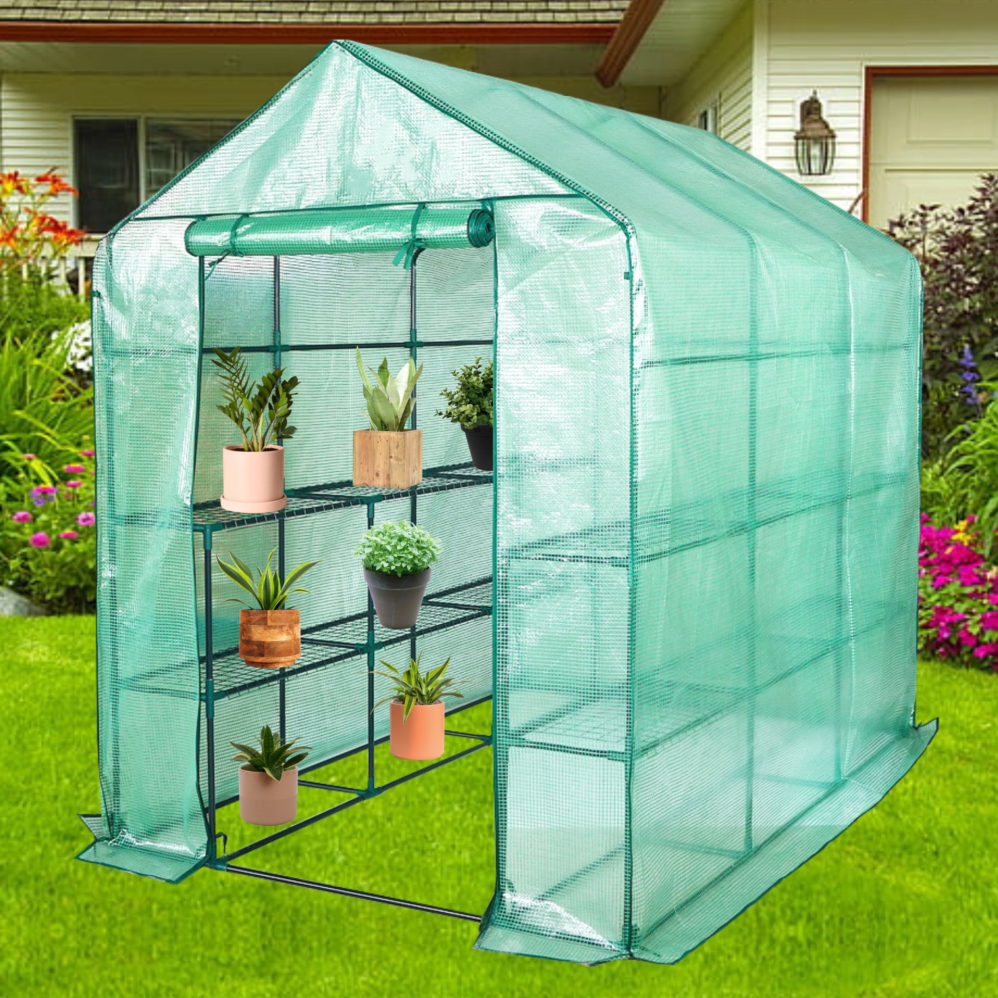 Lendo Online Tuinkas 3 etages PE folie 143x213x195cm gepoedercoat staal groen