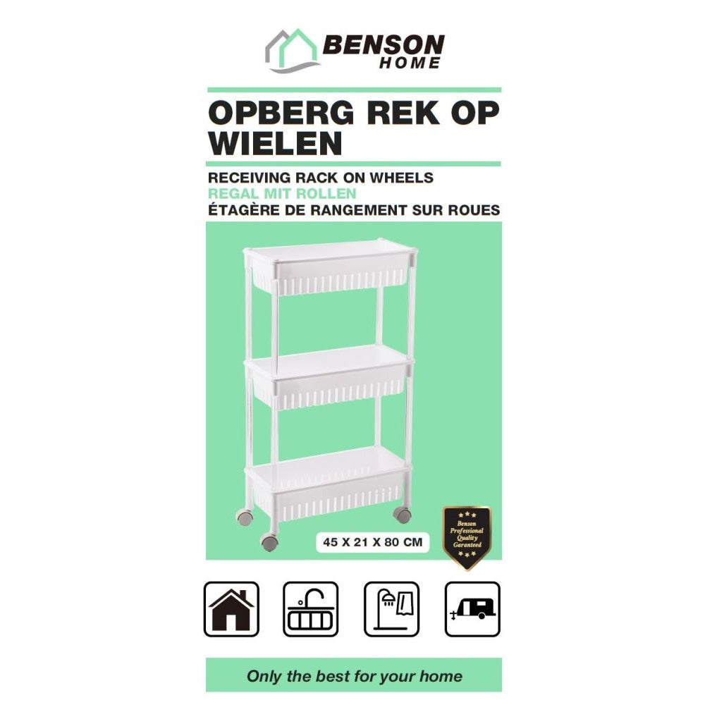 Opberg trolley 3 manden 45x21x80 cm met opbergkratten/ opbergrek wit