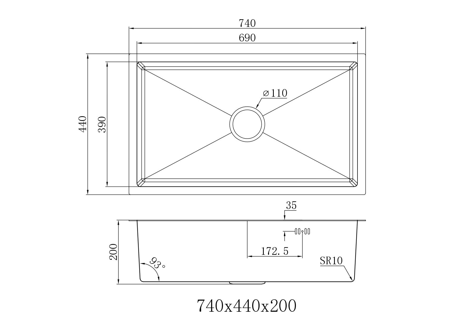 Lendo Online Spoelbak voor keuken 74x44x20cm zilver RVS