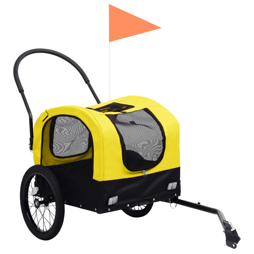 Huisdierenfietskar 2-in-1 aanhanger loopwagen geel en zwart