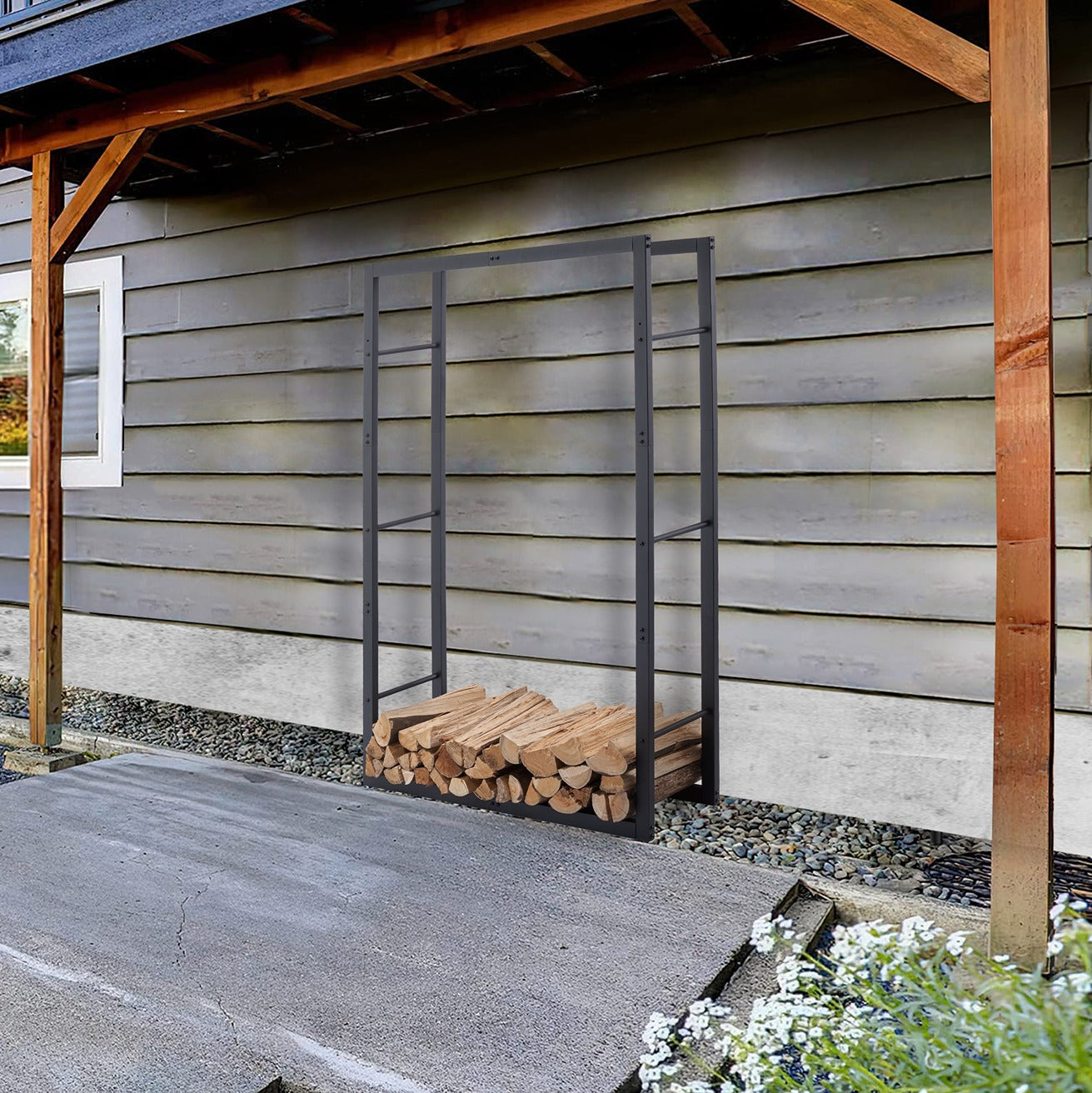 Lendo Online Support à bois de chauffage 100x25x148cm sac de transport acier noir