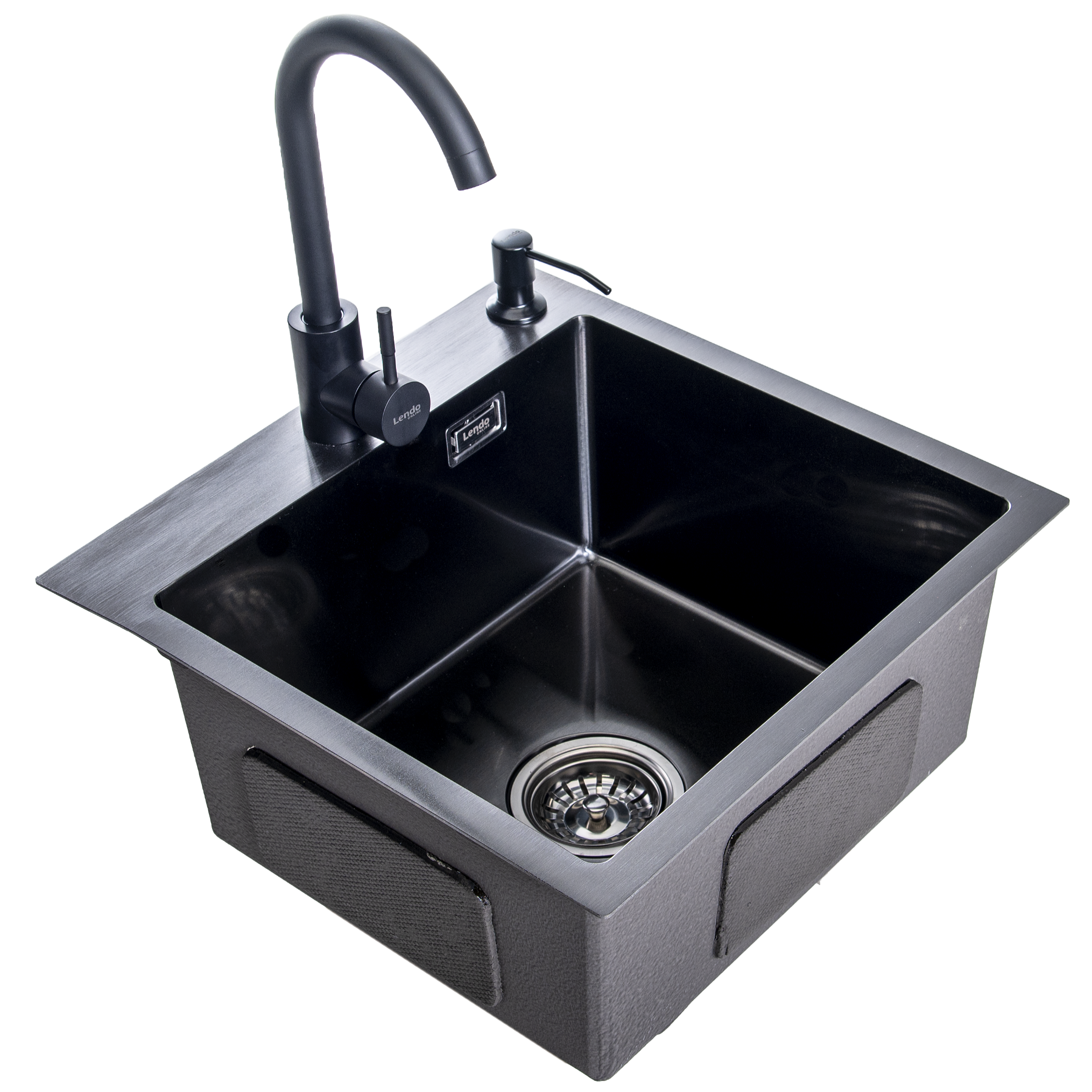 Lendo Online Spoelbak met keukenkraan en zeepdispenser 44x44x20cm zwart RVS
