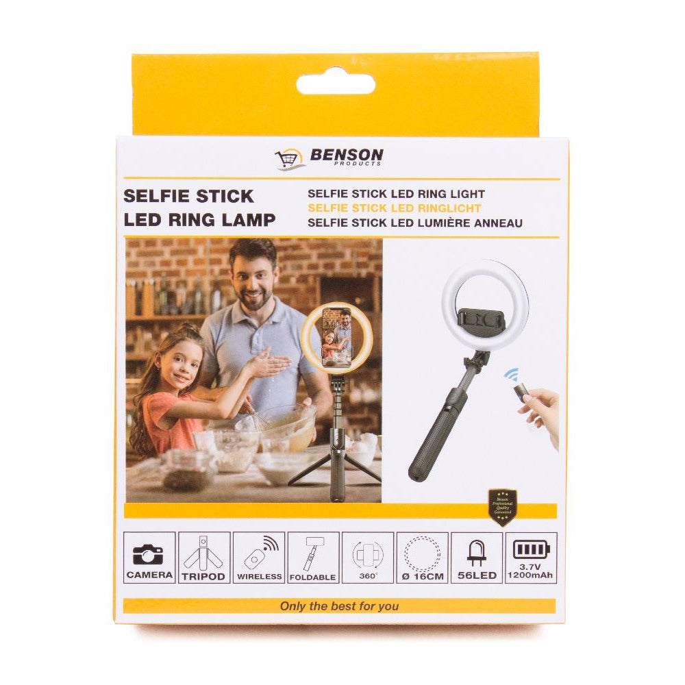 Benson Selfie Stick met Statief - LED Ringlamp - Driepoot - Zwart