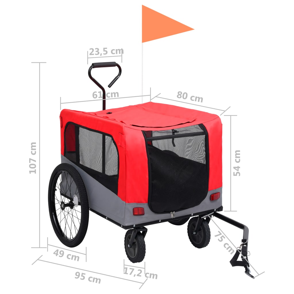 Huisdierenfietskar 2-in-1 aanhanger loopwagen rood en grijs