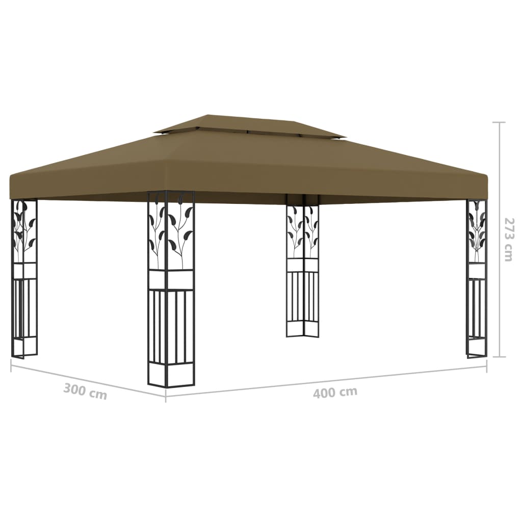 Prieel met dubbel dak en LED-lichtslinger 3x4 m taupe