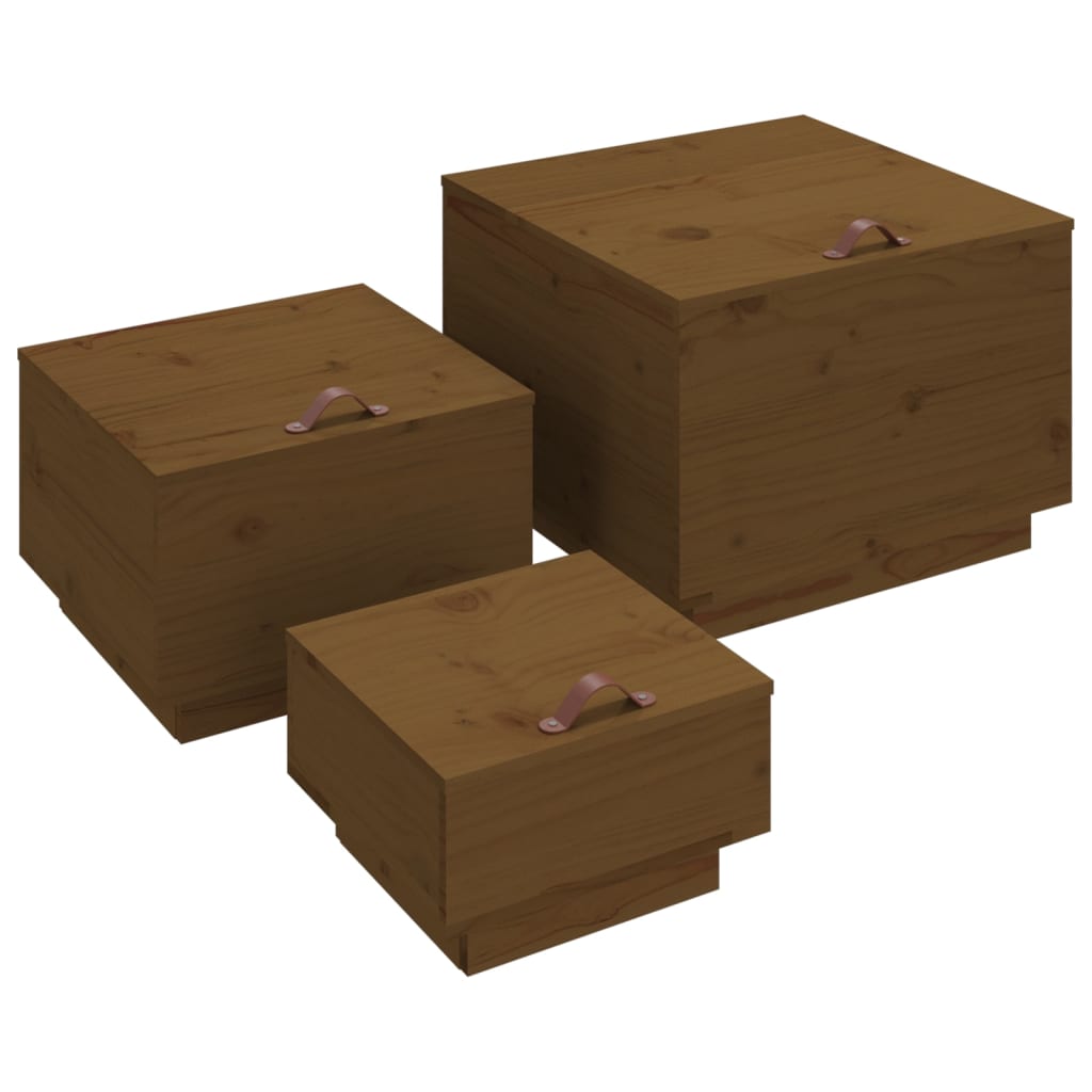 Opbergboxen met deksels 3 st massief grenenhout honingbruin