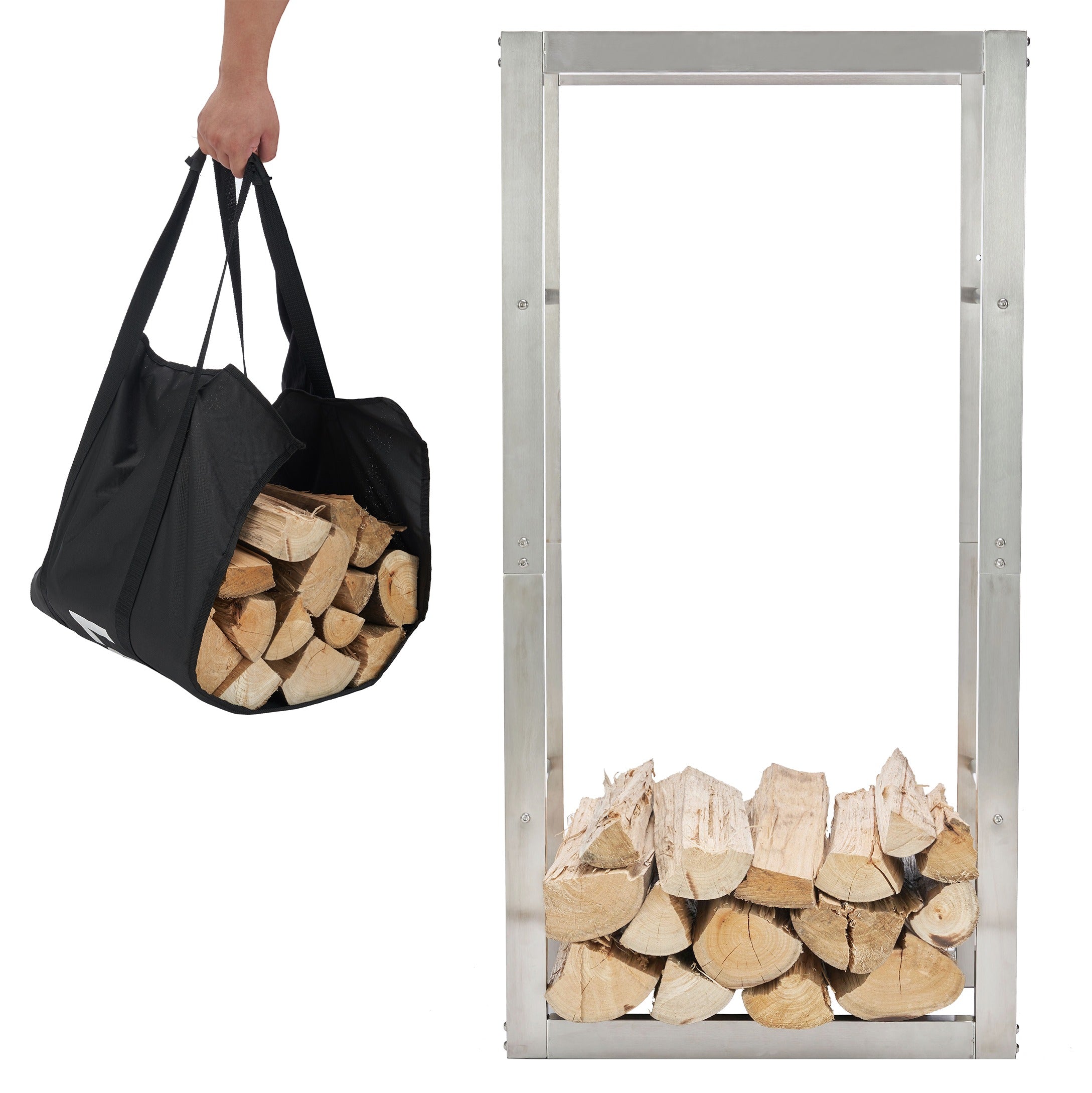 Lendo Online Support à bois de chauffage 50x25x100cm sac de transport argent acier inoxydable
