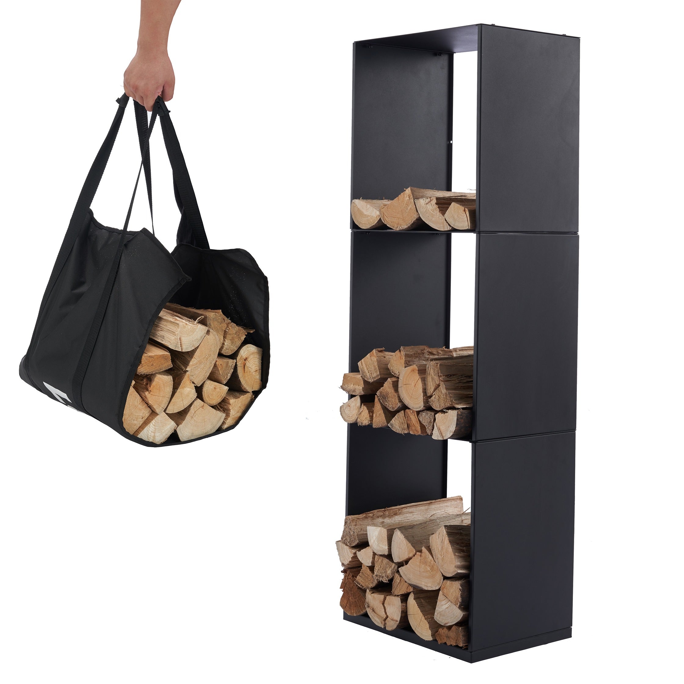 Lendo Online Support à bois de chauffage 40x28x120cm sac de transport acier noir