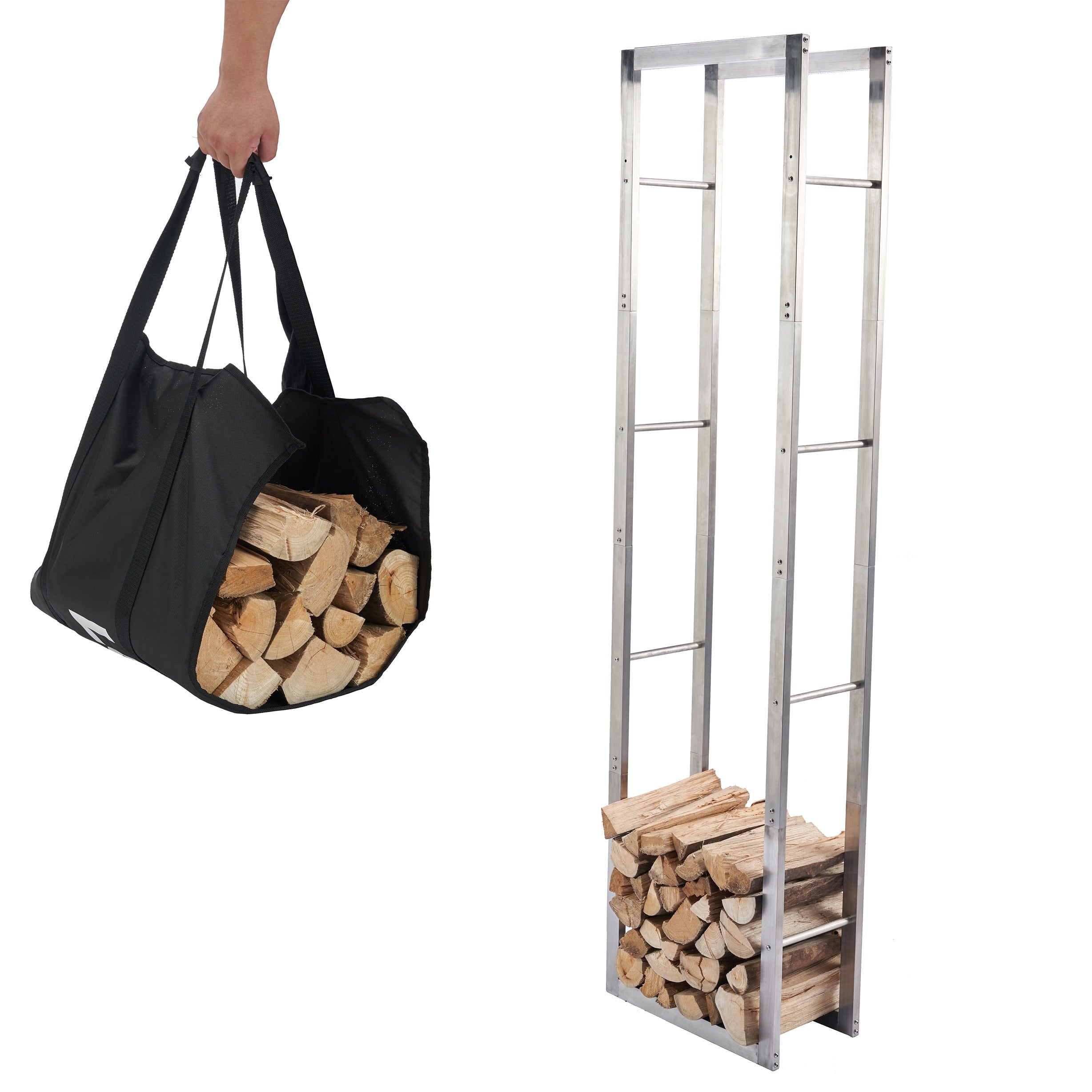 Lendo Online Support à bois de chauffage 50x25x196cm sac de transport argent acier inoxydable