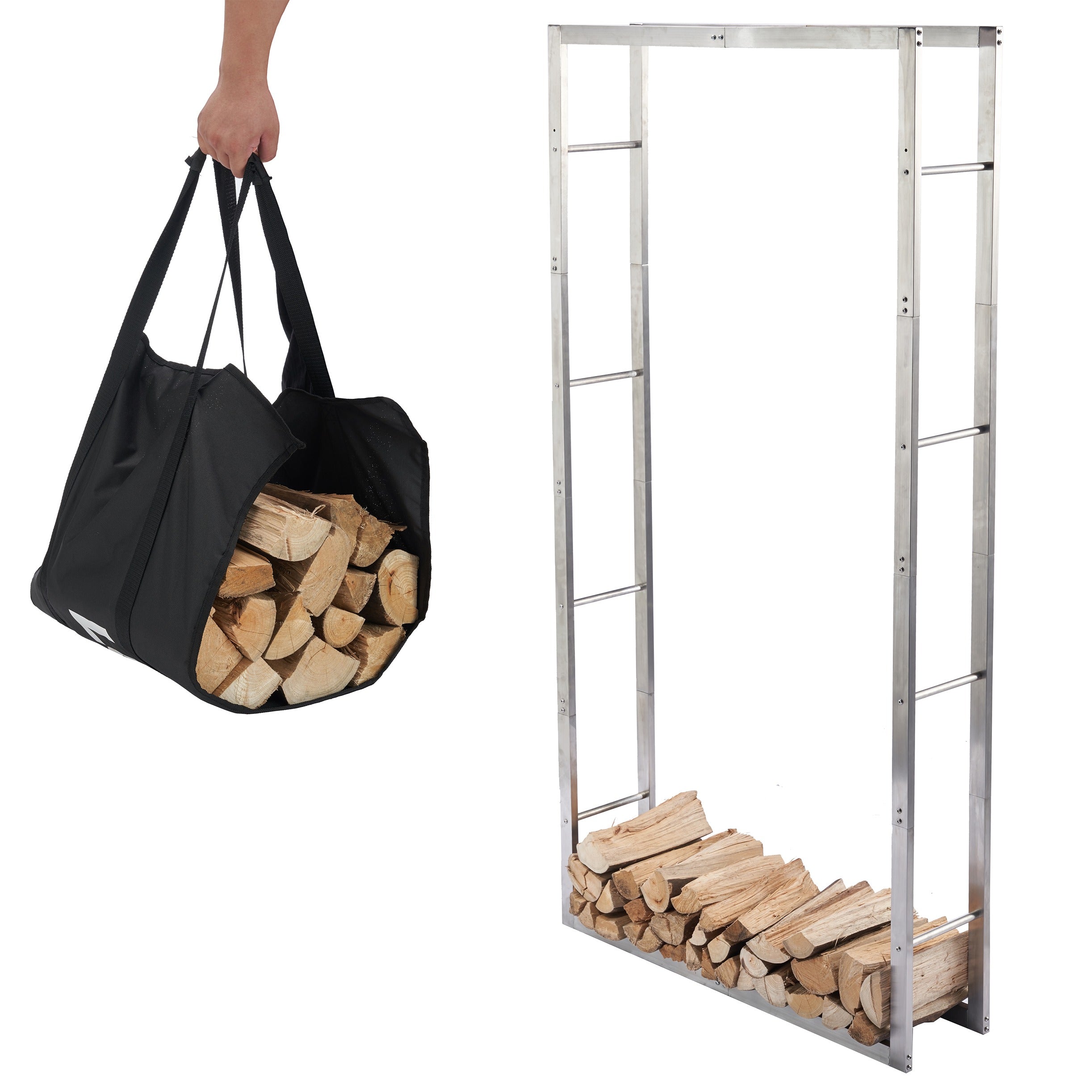 Lendo Online Support à bois de chauffage 100x25x196cm sac de transport argent acier inoxydable
