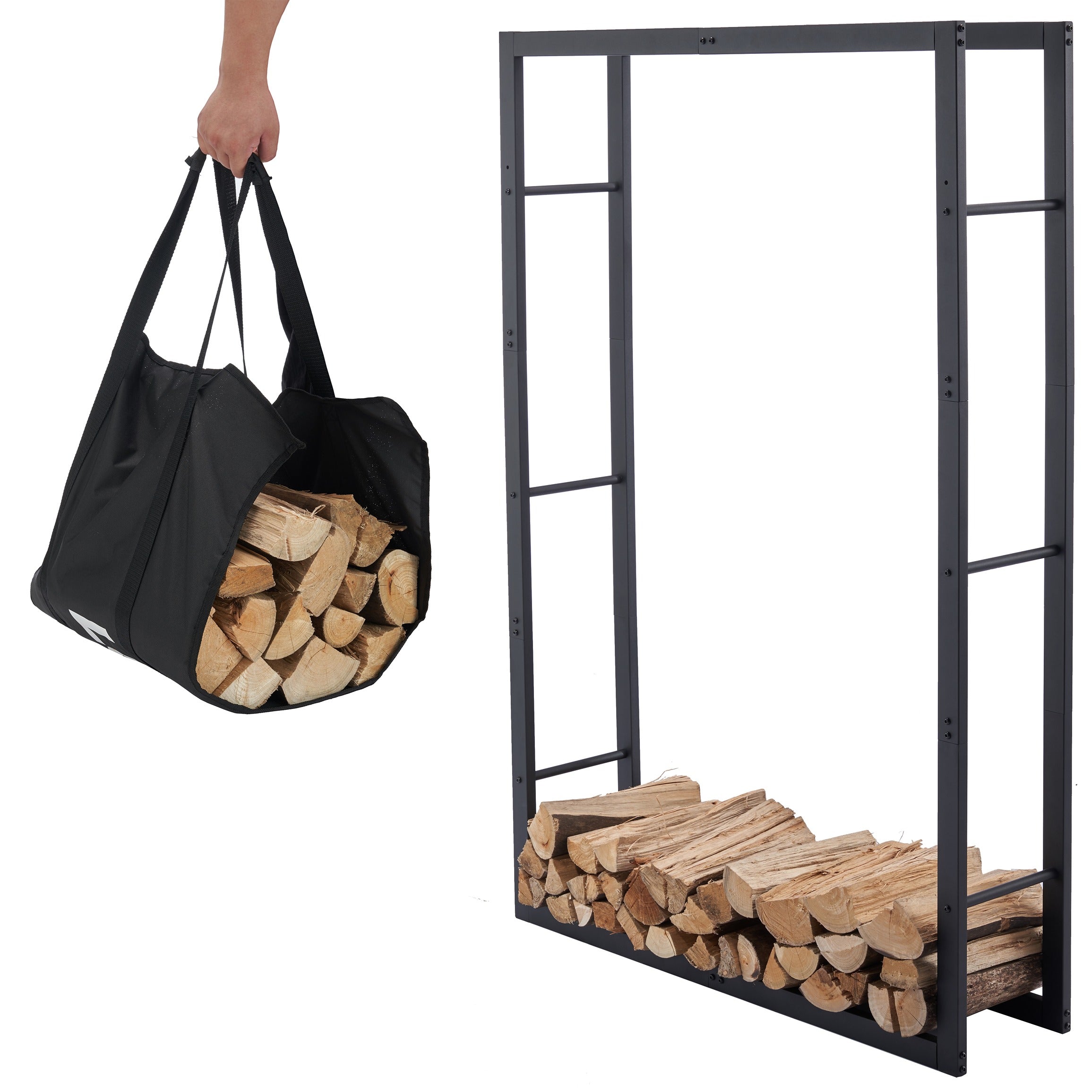 Lendo Online Support à bois de chauffage 100x25x148cm sac de transport acier noir