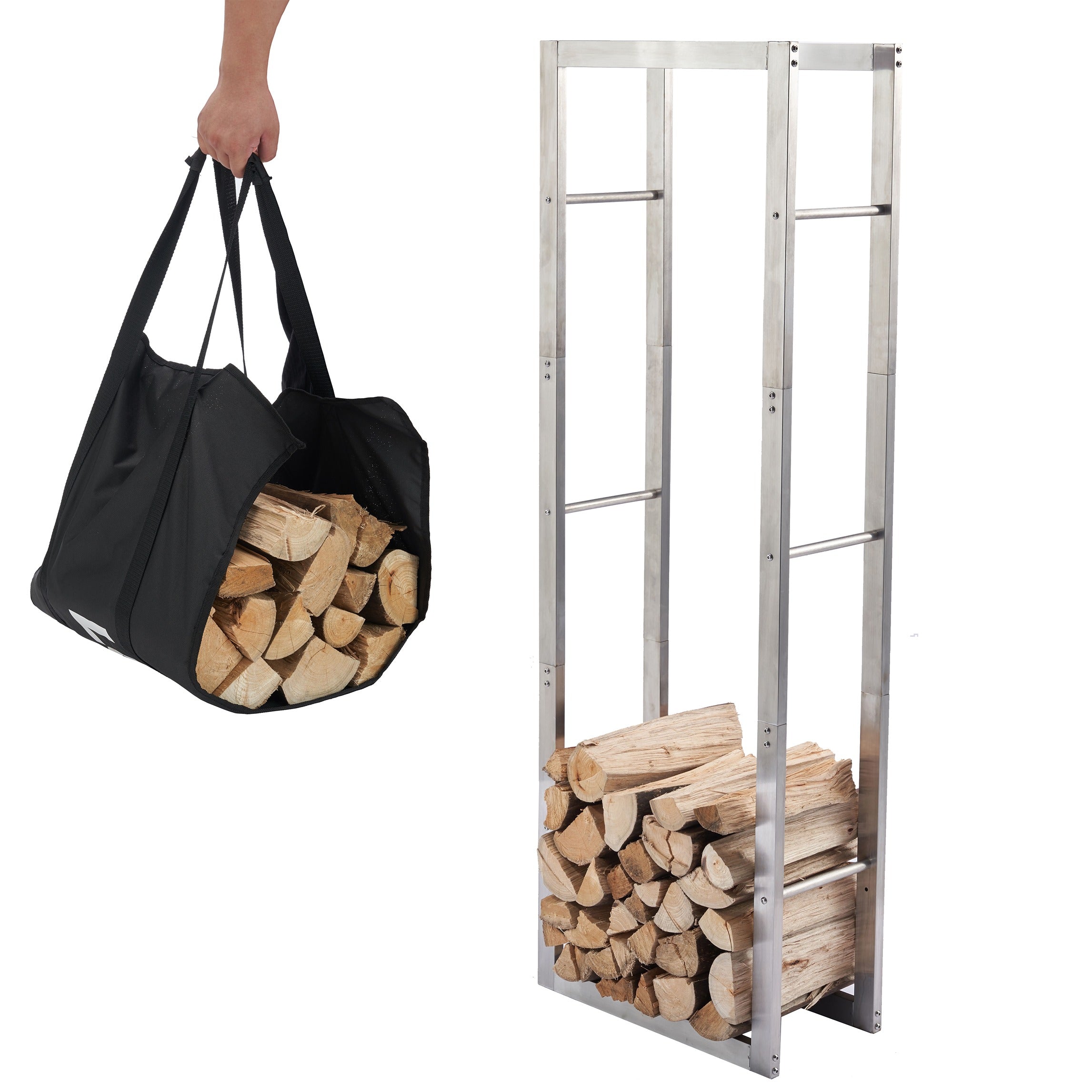Lendo Online Support à bois de chauffage 50x25x148cm sac de transport argent acier inoxydable