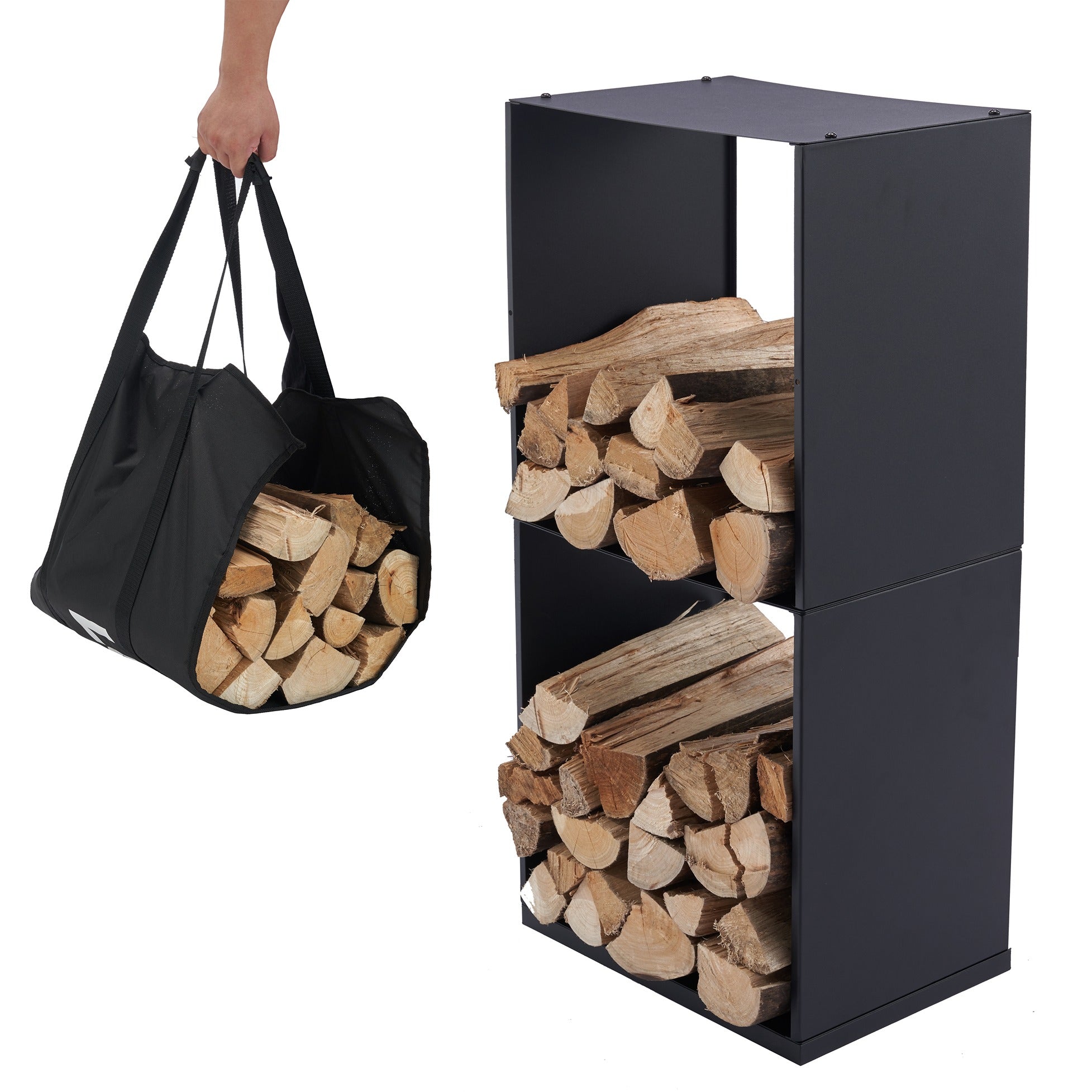Lendo Online Support à bois de chauffage 40x28x80cm sac de transport acier noir