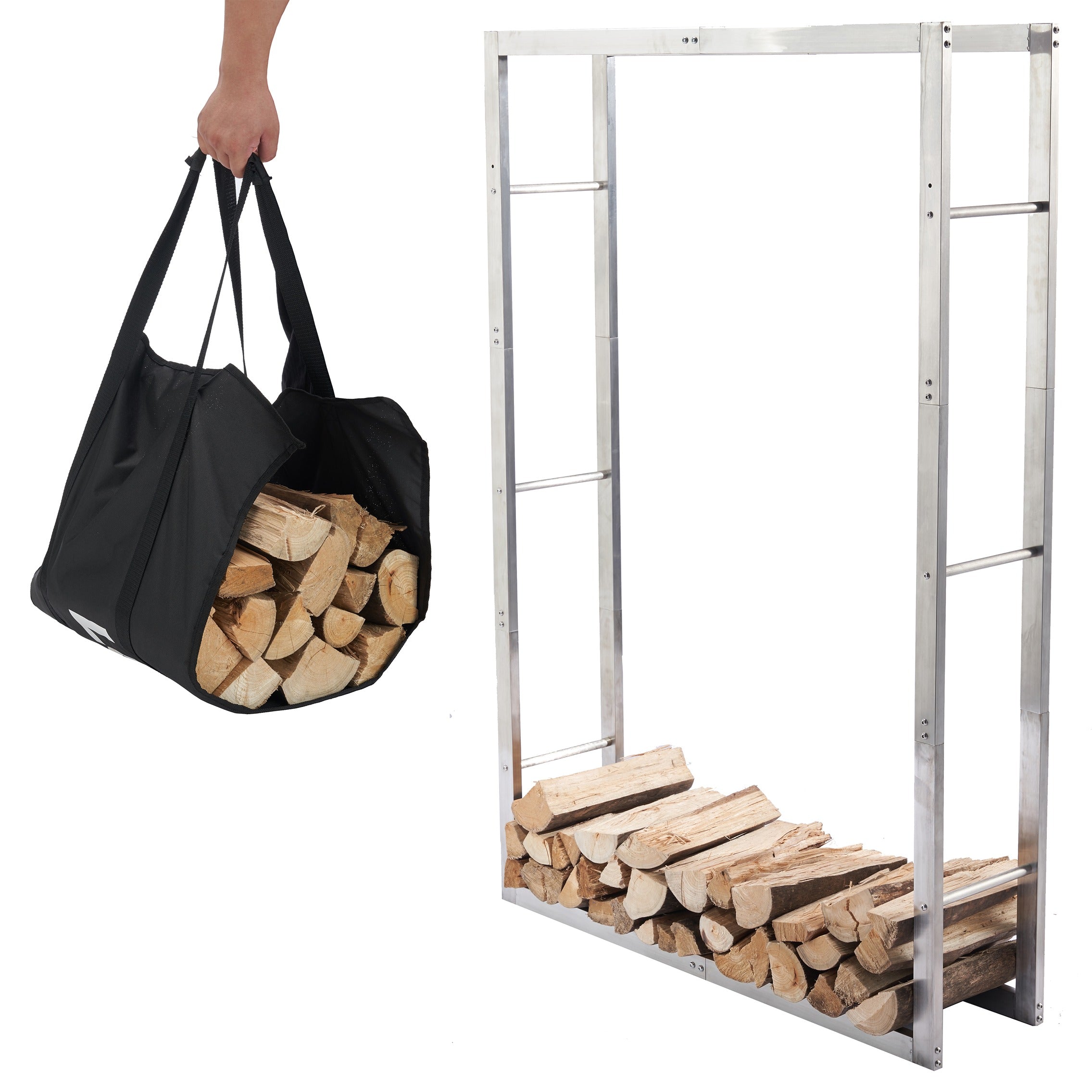 Lendo Online Support à bois de chauffage 100x25x148cm sac de transport argent acier inoxydable
