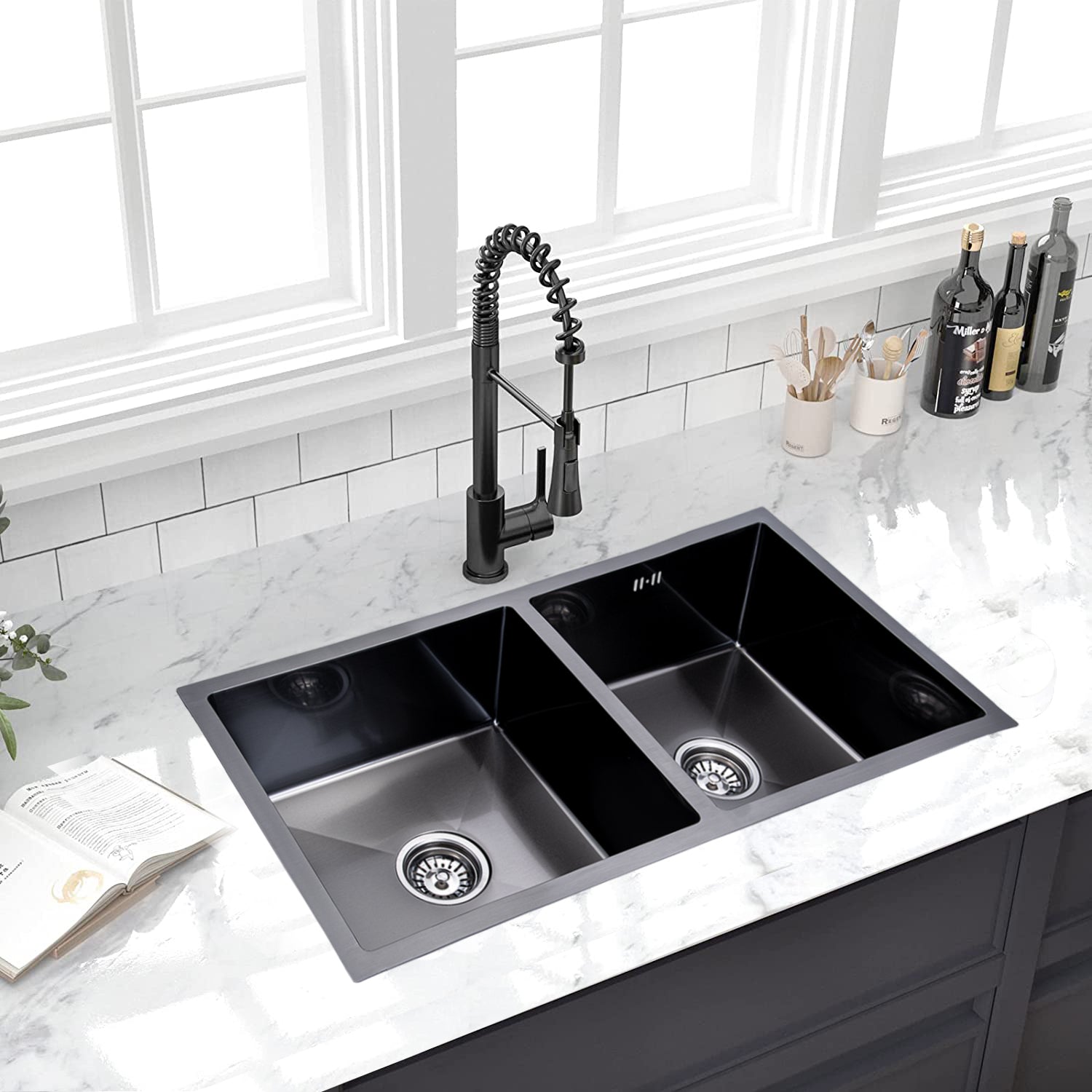 Lendo Online Dubbele Spoelbak voor keuken 87x44x20cm zwart